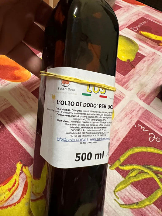 Olio per uccelli di Dodò, bottiglia in vetro da 500 ml